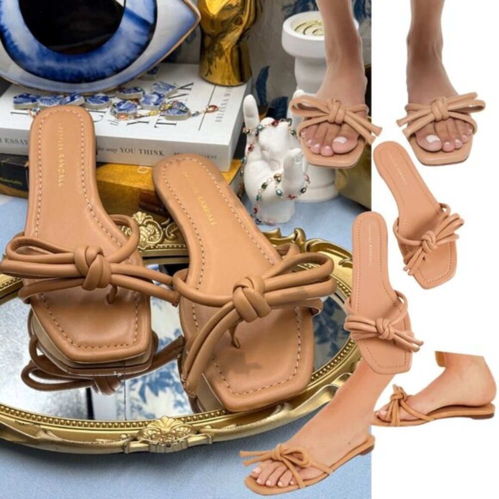 🆕 LOEFFLER RANDALL 🧿 NWOB Hadley Leather Bow Flat Sandals, Dune - Sz 6.5 B